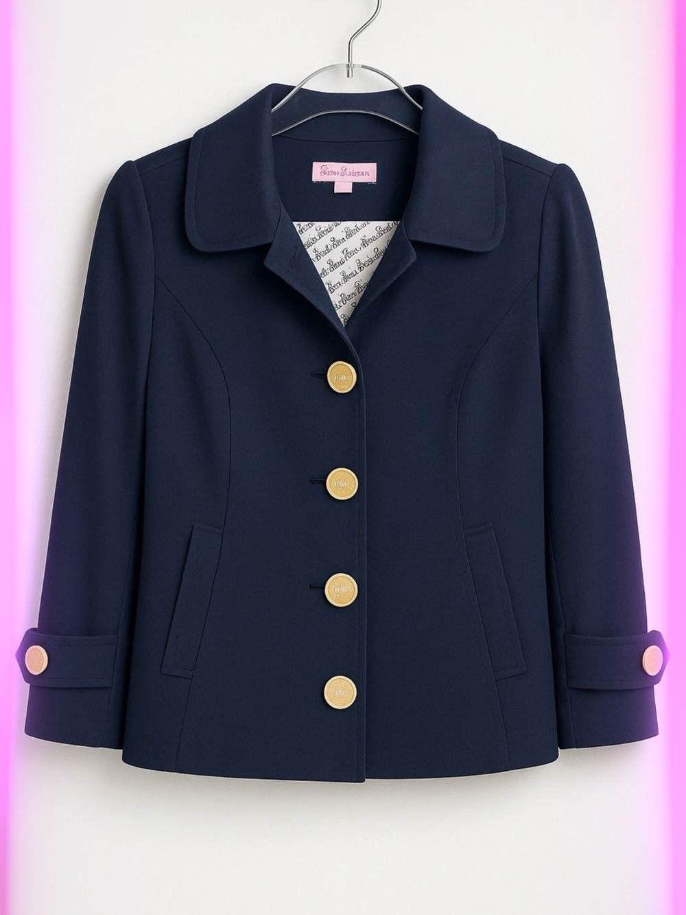 Vintage Lilly Pulitzer Navy Jacket Size 8 Gold Buttons Lined Logo Print Pockets